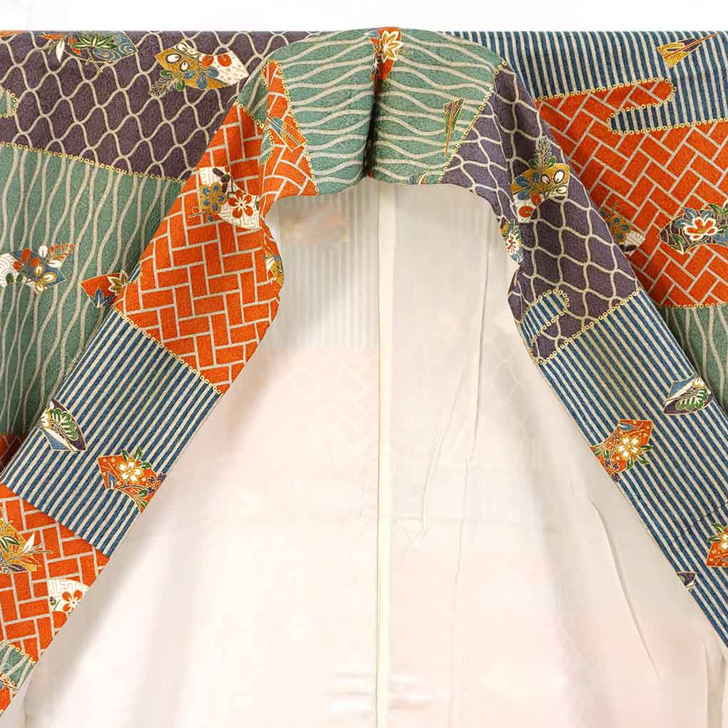 小紋 リサイクル着物 身丈165cm 裄67cm 前幅23cm 後幅30cm 袖丈53cm 袖幅33cm レディース 袷 霞 裄長 裄Lサイズ 秋冬春用 正絹（シルク）オレンジ トールサイズ 美品 三田村環 リメイク リユース【ランクA】