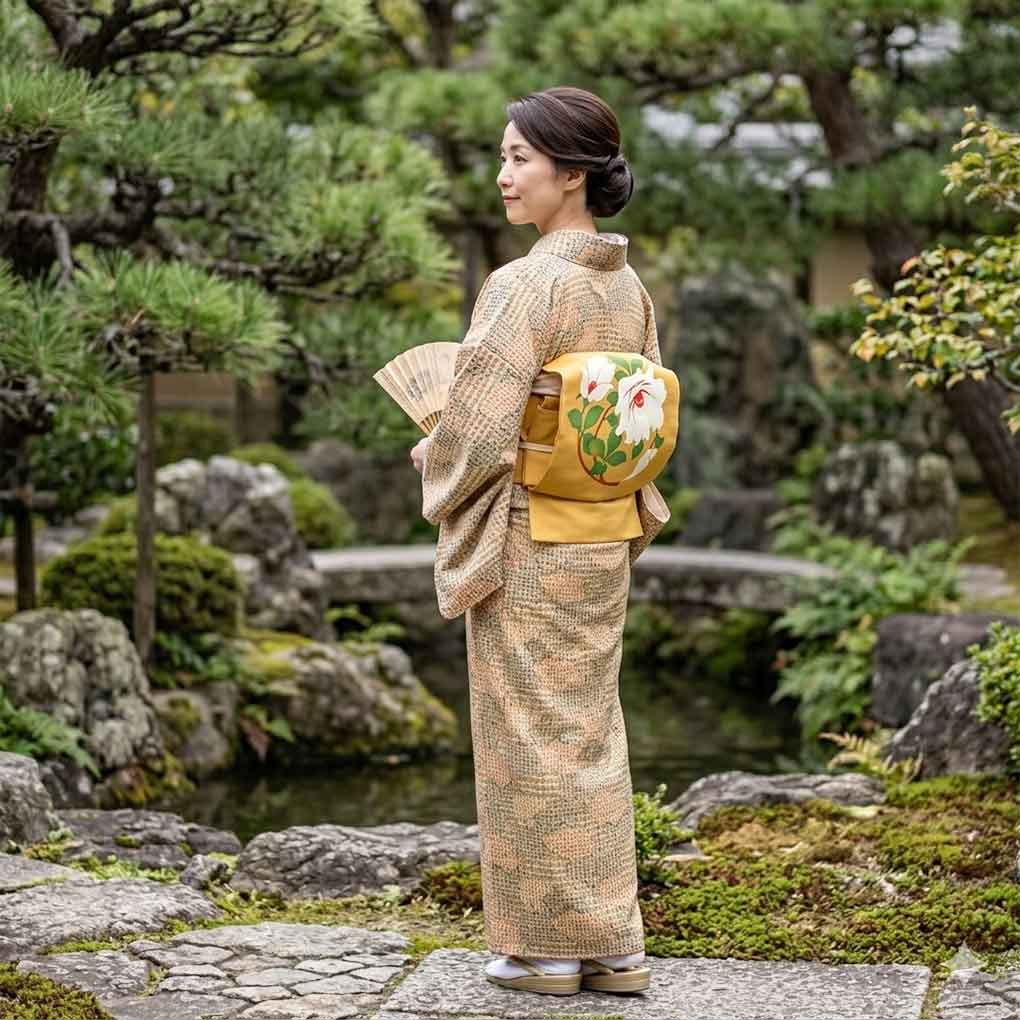 小紋 リサイクル着物 身丈160cm 裄63cm 前幅24cm 後幅30cm 袖丈47cm 袖幅32cm レディース 袷 連続模様 裄Mサイズ 秋冬春用 正絹（シルク）ブラウン 美品 リメイク リユース【ランクA】