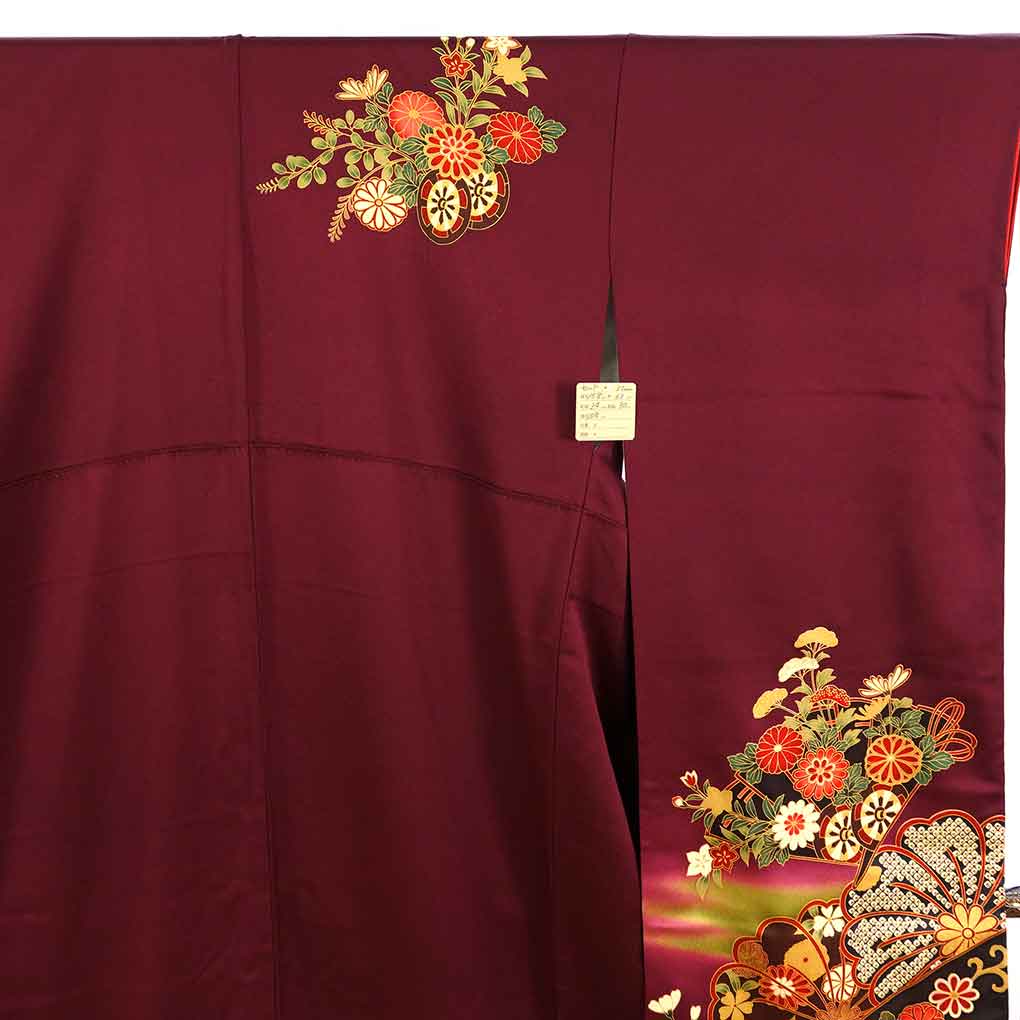 振袖と長襦袢セット リサイクル着物 身丈158cm 裄63cm 前幅24cm 後幅30cm 袖丈108cm 袖幅32cm レディース 袷 花柄 裄Mサイズ 秋冬春用 正絹(シルク)パープル やや難 リメイク リユース【ランクB】