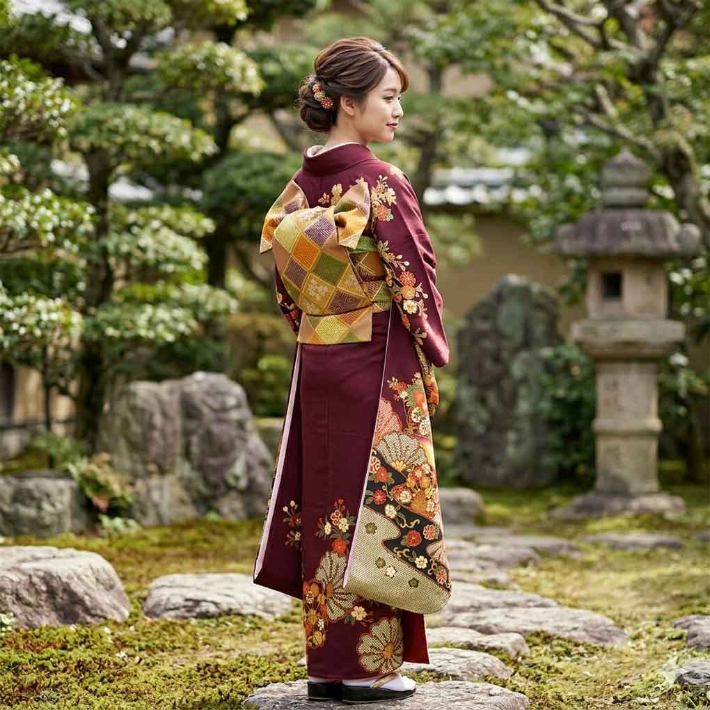 振袖と長襦袢セット リサイクル着物 身丈158cm 裄63cm 前幅24cm 後幅30cm 袖丈108cm 袖幅32cm レディース 袷 花柄 裄Mサイズ 秋冬春用 正絹(シルク)パープル やや難 リメイク リユース【ランクB】