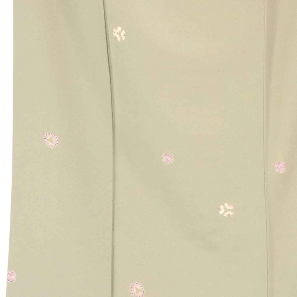 小紋 リサイクル着物 身丈157cm 裄64.5cm 前幅23cm 後幅30.5cm 袖丈48cm 袖幅32.5cm レディース 袷 花柄 裄Mサイズ 秋冬春用 正絹（シルク）グリーン やや難 リメイク リユース【ランクB】