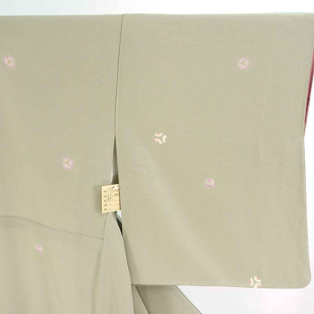 小紋 リサイクル着物 身丈157cm 裄64.5cm 前幅23cm 後幅30.5cm 袖丈48cm 袖幅32.5cm レディース 袷 花柄 裄Mサイズ 秋冬春用 正絹（シルク）グリーン やや難 リメイク リユース【ランクB】
