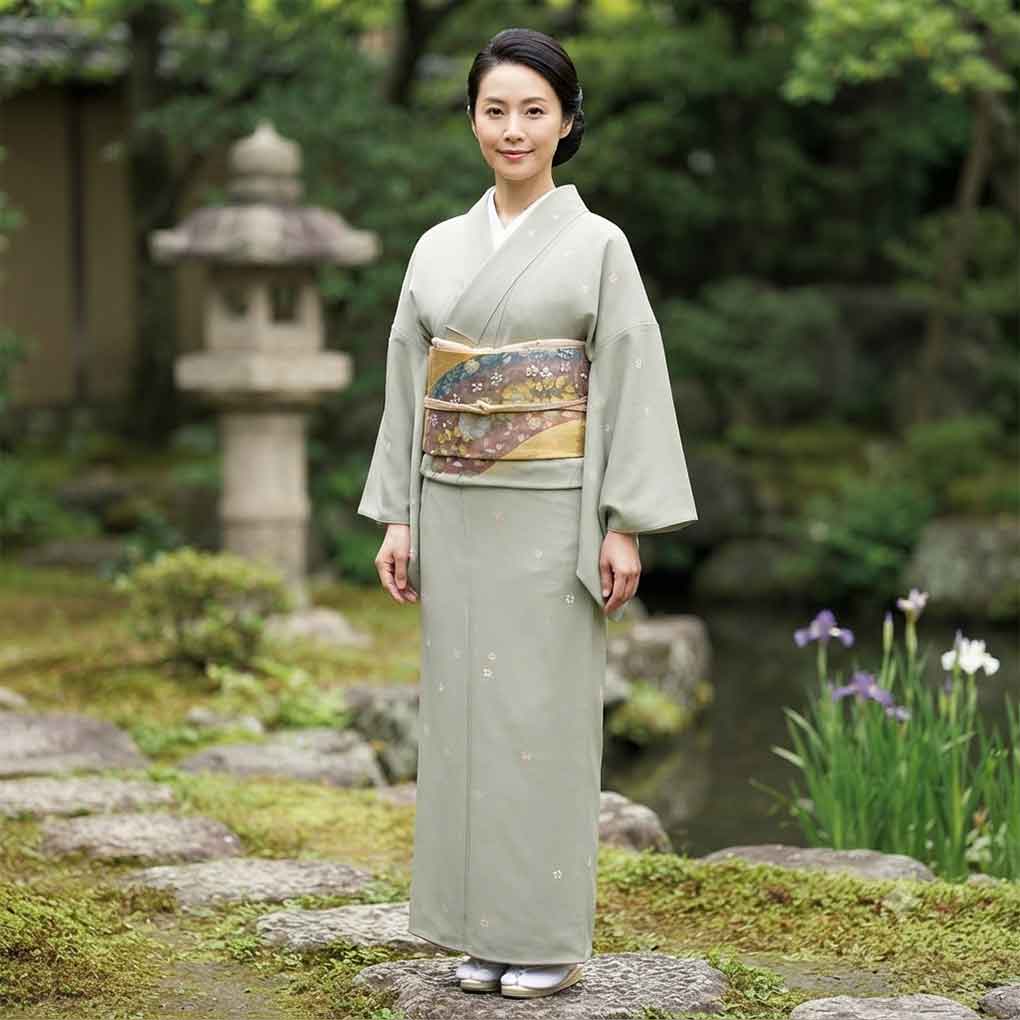 小紋 リサイクル着物 身丈157cm 裄64.5cm 前幅23cm 後幅30.5cm 袖丈48cm 袖幅32.5cm レディース 袷 花柄 裄Mサイズ 秋冬春用 正絹（シルク）グリーン やや難 リメイク リユース【ランクB】
