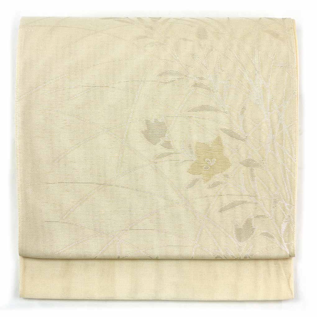 袋帯 リサイクル帯 幅31cm 長さ440cm レディース 桔梗 夏用 ポリエステル ホワイト やや難 リメイク リユース【ランクB】