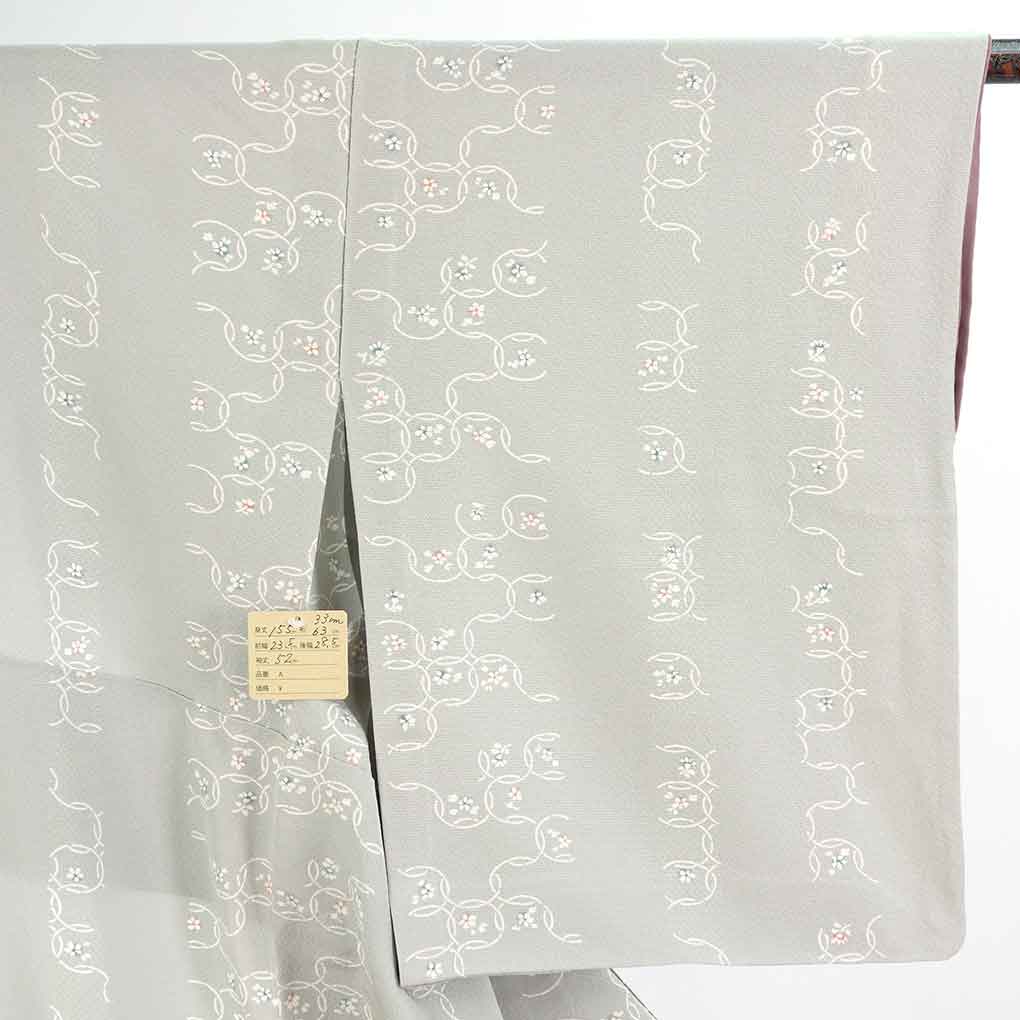 小紋 リサイクル着物 身丈155cm 裄63cm 前幅23.5cm 後幅28.5cm 袖丈52cm 袖幅33cm レディース 胴抜裾八掛 連続模様 裄Mサイズ 秋冬春用 正絹（シルク）グレー 美品 リメイク リユース【ランクA】
