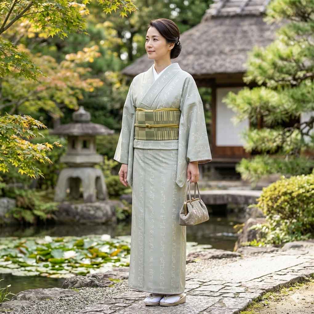 小紋 リサイクル着物 身丈155cm 裄63cm 前幅23.5cm 後幅28.5cm 袖丈52cm 袖幅33cm レディース 胴抜裾八掛 連続模様 裄Mサイズ 秋冬春用 正絹（シルク）グレー 美品 リメイク リユース【ランクA】
