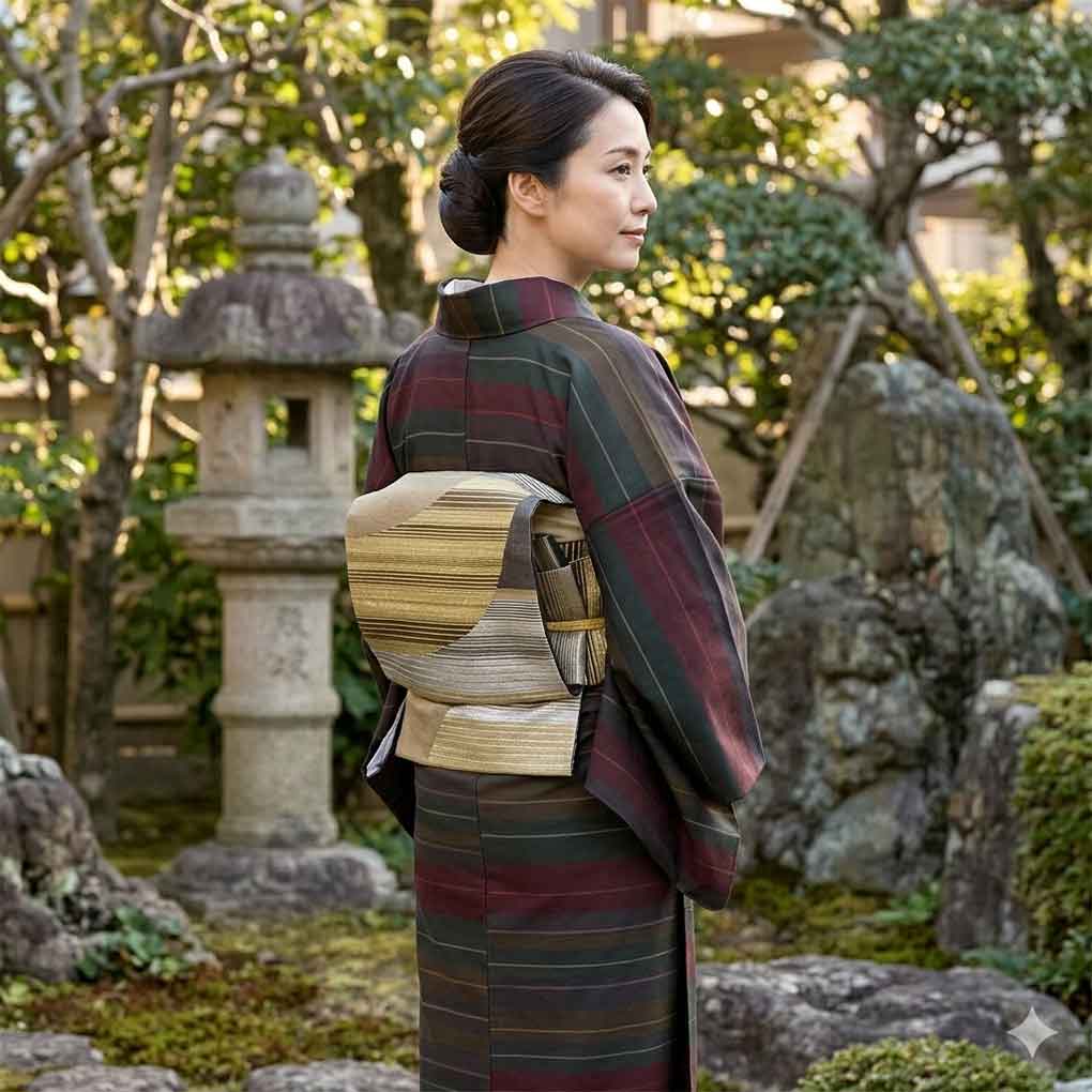 紬 リサイクル着物 身丈163cm 裄64cm 前幅24cm 後幅30cm 袖丈49cm 袖幅33cm レディース 袷 横段柄 裄Mサイズ 秋冬春用 正絹(シルク)ブラウン 美品 大島紬 リメイク リユース【ランクA】
