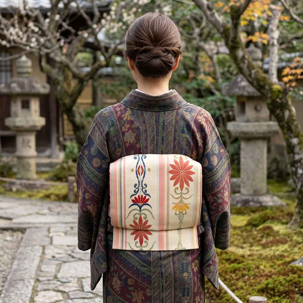 名古屋帯 リサイクル帯 幅31.5cm 長さ355cm レディース 花柄 秋冬春用 正絹（シルク）ベージュ 美品 リメイク リユース【ランクA】