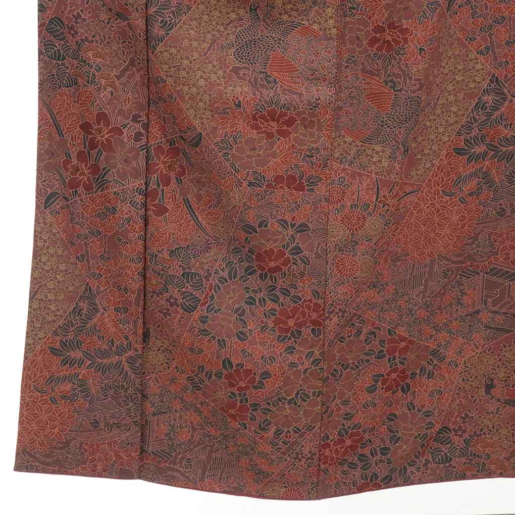 【セール対象品】リサイクル着物 小紋正絹茶色地花柄袷小紋着物 レディース 秋冬春用 シルク ブラウン 裄Mサイズ身丈155cm 裄64cm 前幅22.5cm 後幅30cm 袖丈49cm【ランクA】