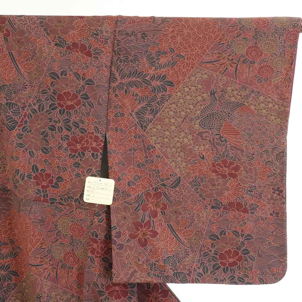 【セール対象品】リサイクル着物 小紋正絹茶色地花柄袷小紋着物 レディース 秋冬春用 シルク ブラウン 裄Mサイズ身丈155cm 裄64cm 前幅22.5cm 後幅30cm 袖丈49cm【ランクA】