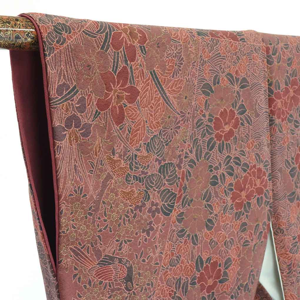 【セール対象品】リサイクル着物 小紋正絹茶色地花柄袷小紋着物 レディース 秋冬春用 シルク ブラウン 裄Mサイズ身丈155cm 裄64cm 前幅22.5cm 後幅30cm 袖丈49cm【ランクA】