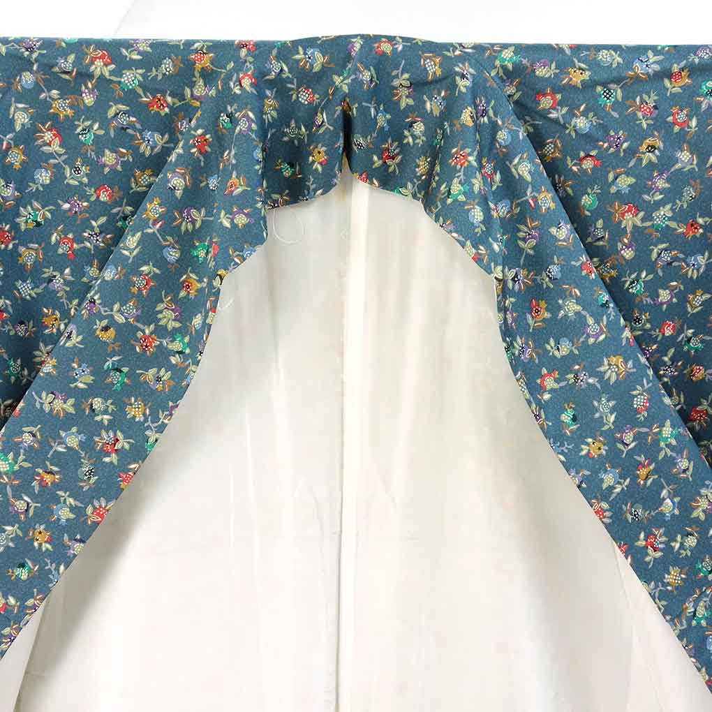 小紋 リサイクル着物 身丈162cm 裄63cm 前幅24cm 後幅30cm 袖丈49cm 袖幅33cm レディース 袷 花柄 裄Mサイズ 秋冬春用 正絹（シルク）ブルー 美品 リメイク リユース【ランクA】