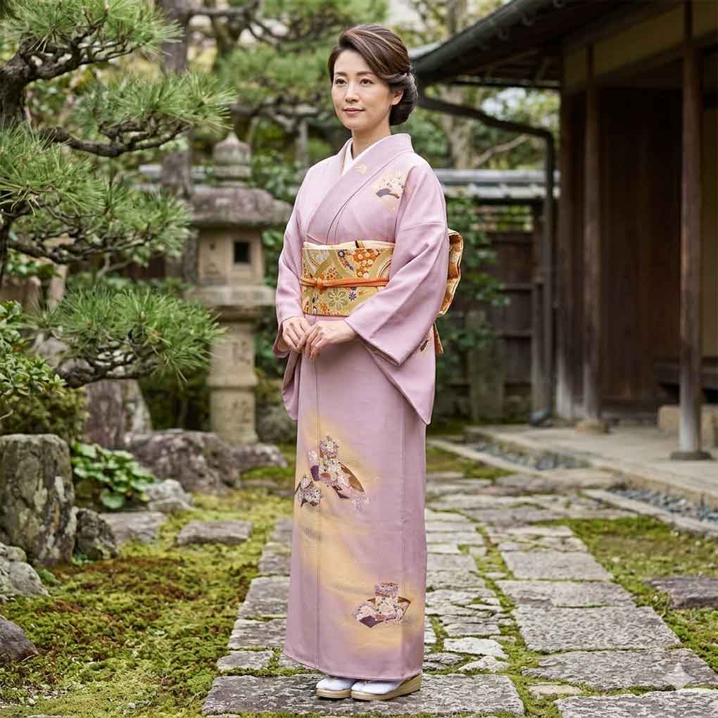 訪問着 リサイクル着物 身丈155cm 裄63cm 前幅24cm 後幅29cm 袖丈48cm 袖幅32cm レディース 袷 扇面 裄Mサイズ 秋冬春用 正絹（シルク）パープル やや難 リメイク リユース【ランクB】
