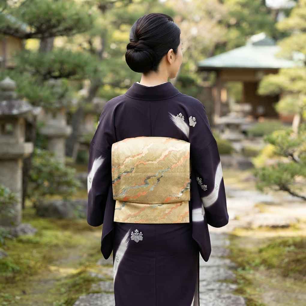 袋帯 リサイクル帯 幅30cm 長さ443cm レディース 道長 秋冬春用 正絹(シルク)ゴールド 美品 リメイク リユース【ランクA】