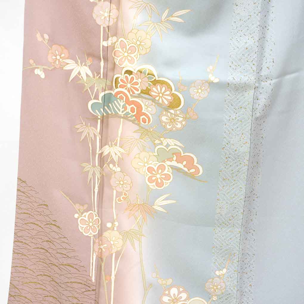 訪問着 リサイクル着物 身丈156cm 裄63cm 前幅24cm 後幅28.5cm 袖丈45cm 袖幅33cm レディース 袷 松竹梅 裄Mサイズ 秋冬春用 正絹（シルク）ブルー 美品 リメイク リユース【ランクA】