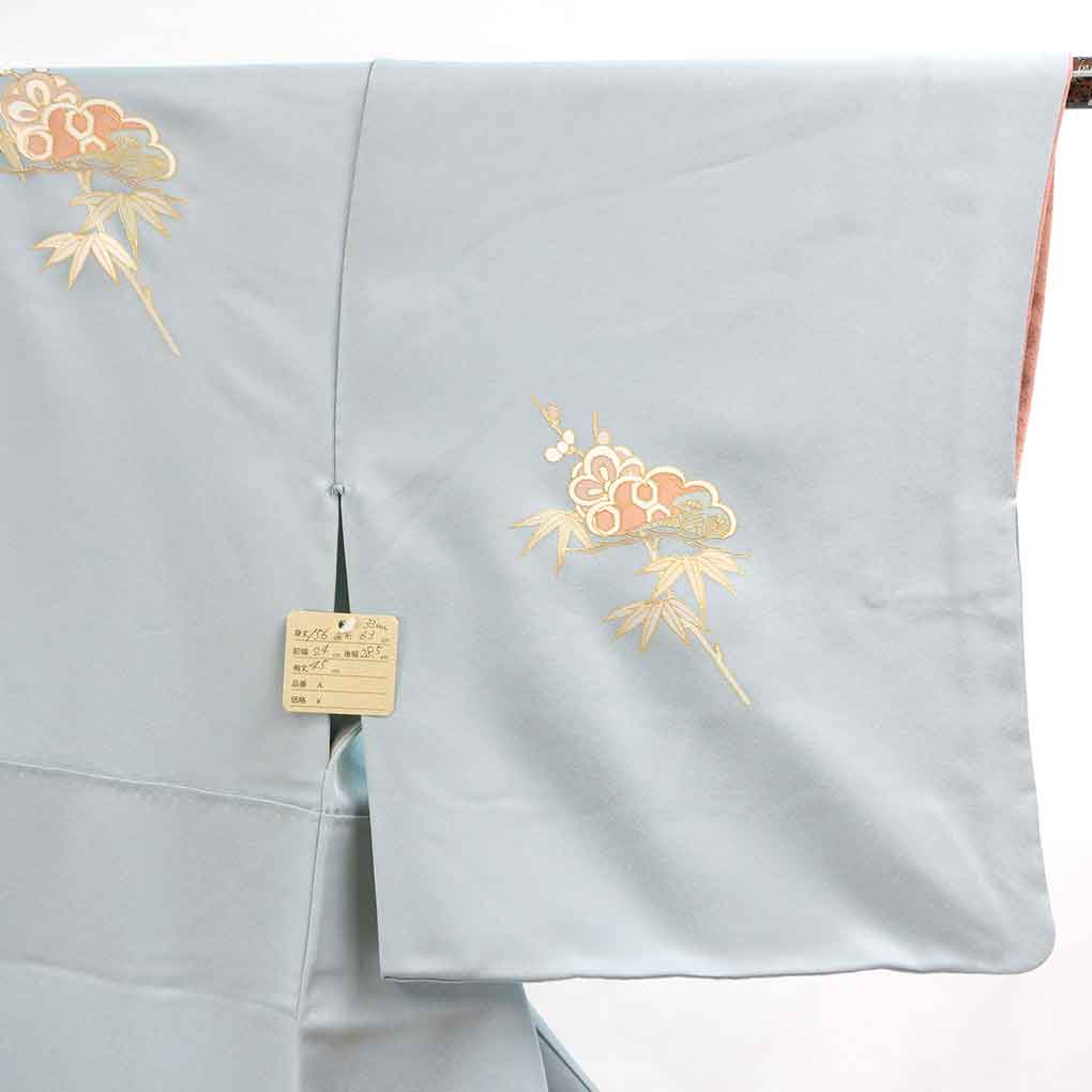 訪問着 リサイクル着物 身丈156cm 裄63cm 前幅24cm 後幅28.5cm 袖丈45cm 袖幅33cm レディース 袷 松竹梅 裄Mサイズ 秋冬春用 正絹（シルク）ブルー 美品 リメイク リユース【ランクA】