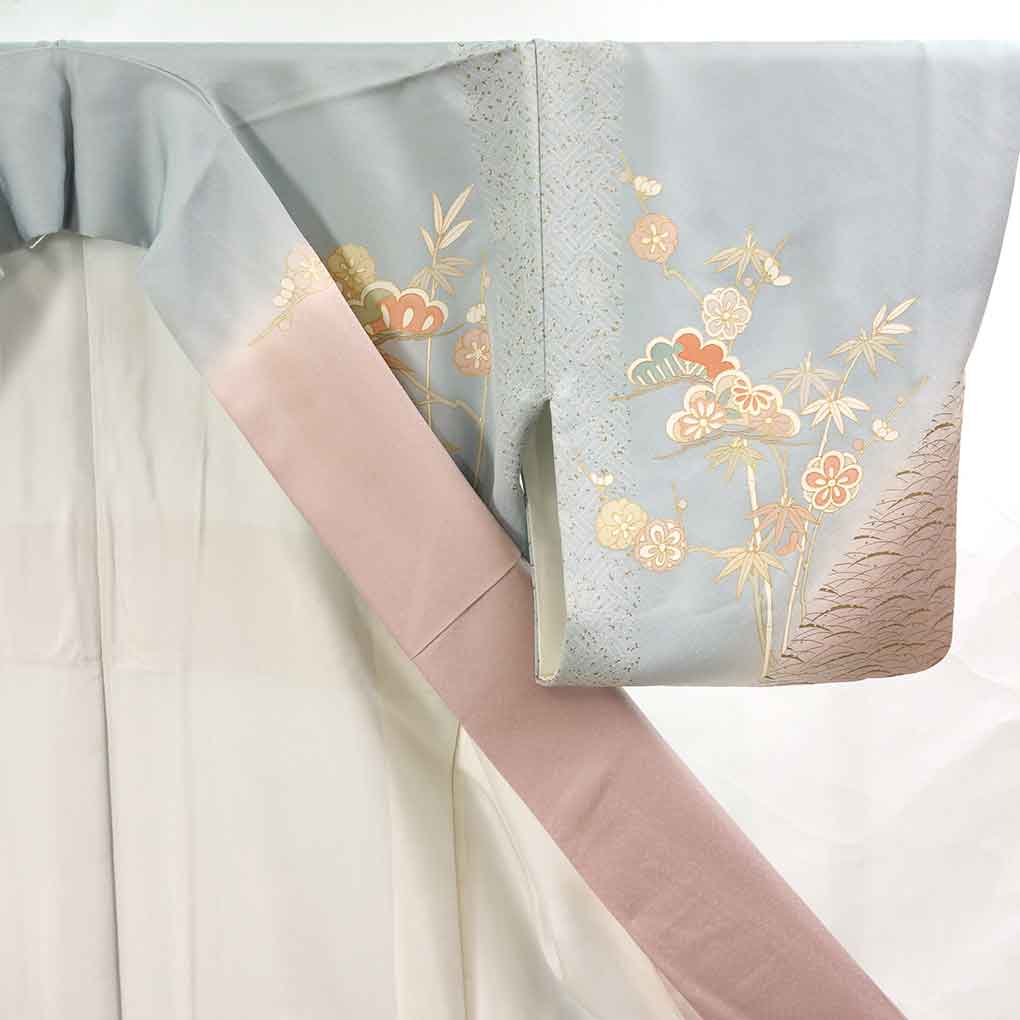 訪問着 リサイクル着物 身丈156cm 裄63cm 前幅24cm 後幅28.5cm 袖丈45cm 袖幅33cm レディース 袷 松竹梅 裄Mサイズ 秋冬春用 正絹（シルク）ブルー 美品 リメイク リユース【ランクA】