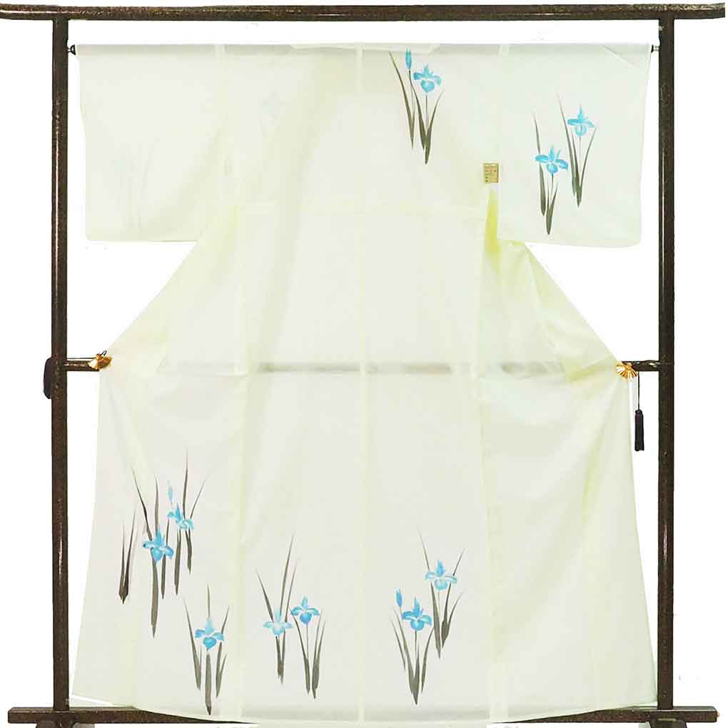 訪問着 リサイクル着物 身丈161cm 裄66cm 前幅24cm 後幅31cm 袖丈49cm 袖幅33cm レディース 菖蒲 裄長 裄M-Lサイズ 夏用 ポリエステル グリーン やや難 リメイク リユース【ランクB】