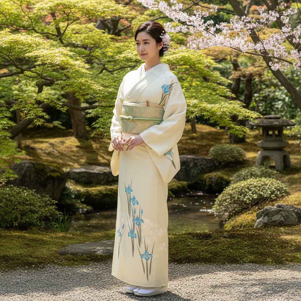 訪問着 リサイクル着物 身丈161cm 裄66cm 前幅24cm 後幅31cm 袖丈49cm 袖幅33cm レディース 菖蒲 裄長 裄M-Lサイズ 夏用 ポリエステル グリーン やや難 リメイク リユース【ランクB】