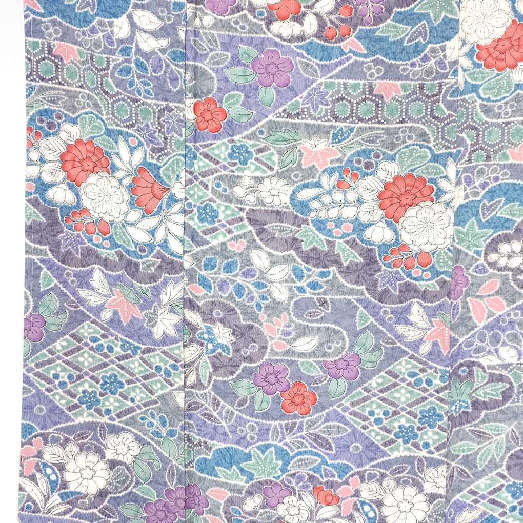 小紋 リサイクル着物 身丈155cm 裄62cm 前幅23cm 後幅28.5cm 袖丈45cm 袖幅32cm レディース 袷 辻ヶ花 裄Sサイズ 秋冬春用 正絹（シルク）ブルー 未使用品 リメイク リユース【ランクS】