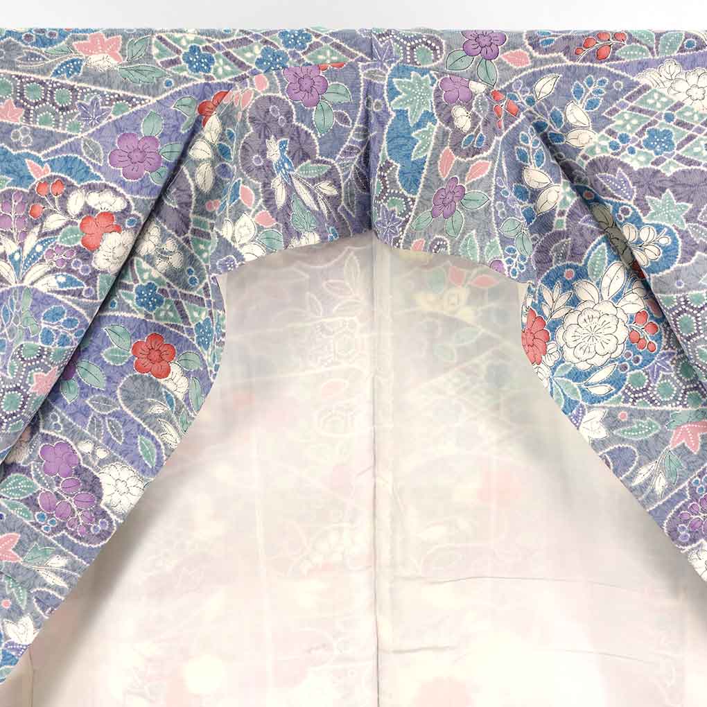 小紋 リサイクル着物 身丈155cm 裄62cm 前幅23cm 後幅28.5cm 袖丈45cm 袖幅32cm レディース 袷 辻ヶ花 裄Sサイズ 秋冬春用 正絹（シルク）ブルー 未使用品 リメイク リユース【ランクS】