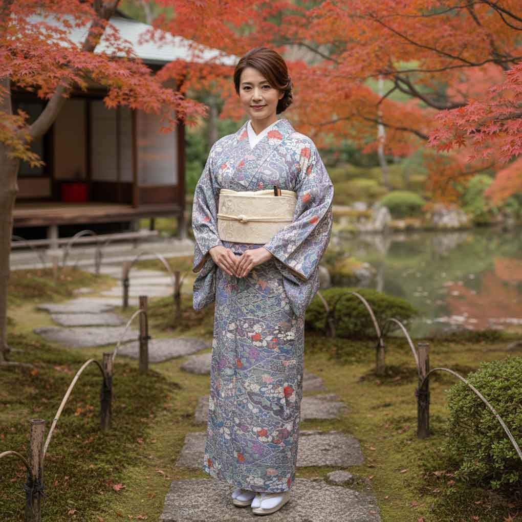 小紋 リサイクル着物 身丈155cm 裄62cm 前幅23cm 後幅28.5cm 袖丈45cm 袖幅32cm レディース 袷 辻ヶ花 裄Sサイズ 秋冬春用 正絹（シルク）ブルー 未使用品 リメイク リユース【ランクS】
