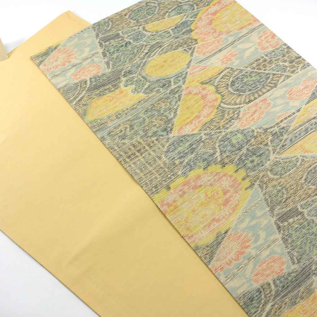 袋帯 リサイクル帯 幅31cm 長さ453cm レディース 連続模様 秋冬春用 正絹（シルク）グレー 未使用品 リメイク リユース【ランクS】