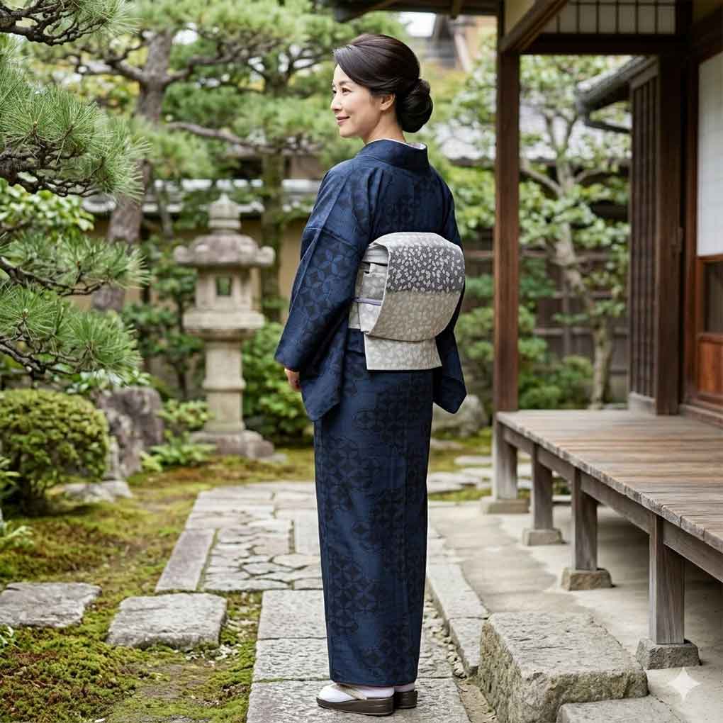 紬 リサイクル着物 身丈160cm 裄63cm 前幅24cm 後幅30cm 袖丈49cm 袖幅33cm レディース 袷 七宝 裄Mサイズ 秋冬春用 正絹(シルク)ネイビー 美品 リメイク リユース【ランクA】