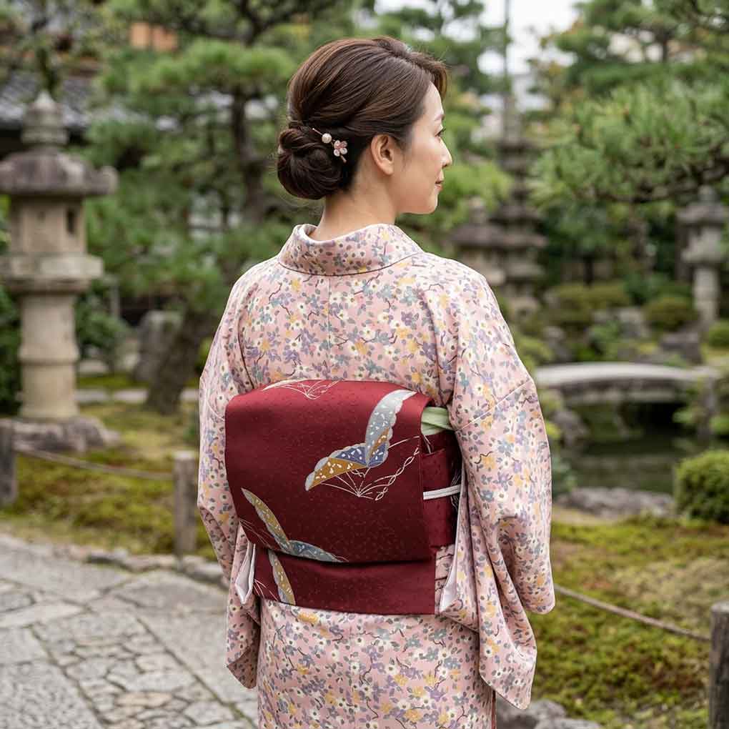 名古屋帯 リサイクル帯 幅30.5cm 長さ363cm レディース 蝶柄 秋冬春用 正絹（シルク）パープル 美品 リメイク リユース【ランクA】