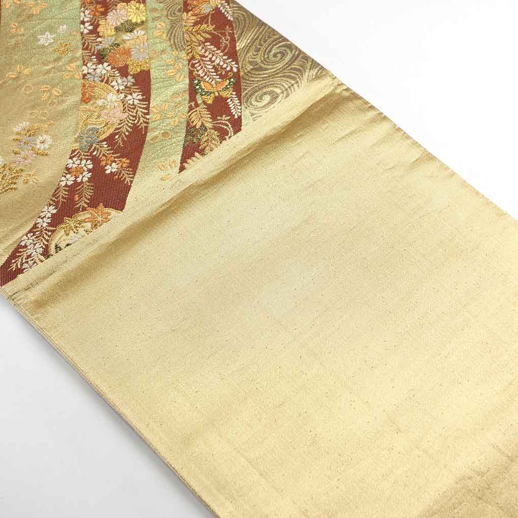 袋帯 リサイクル帯 幅30cm 長さ424cm レディース 花柄 秋冬春用 正絹（シルク）ゴールド 美品 リメイク リユース【ランクA】