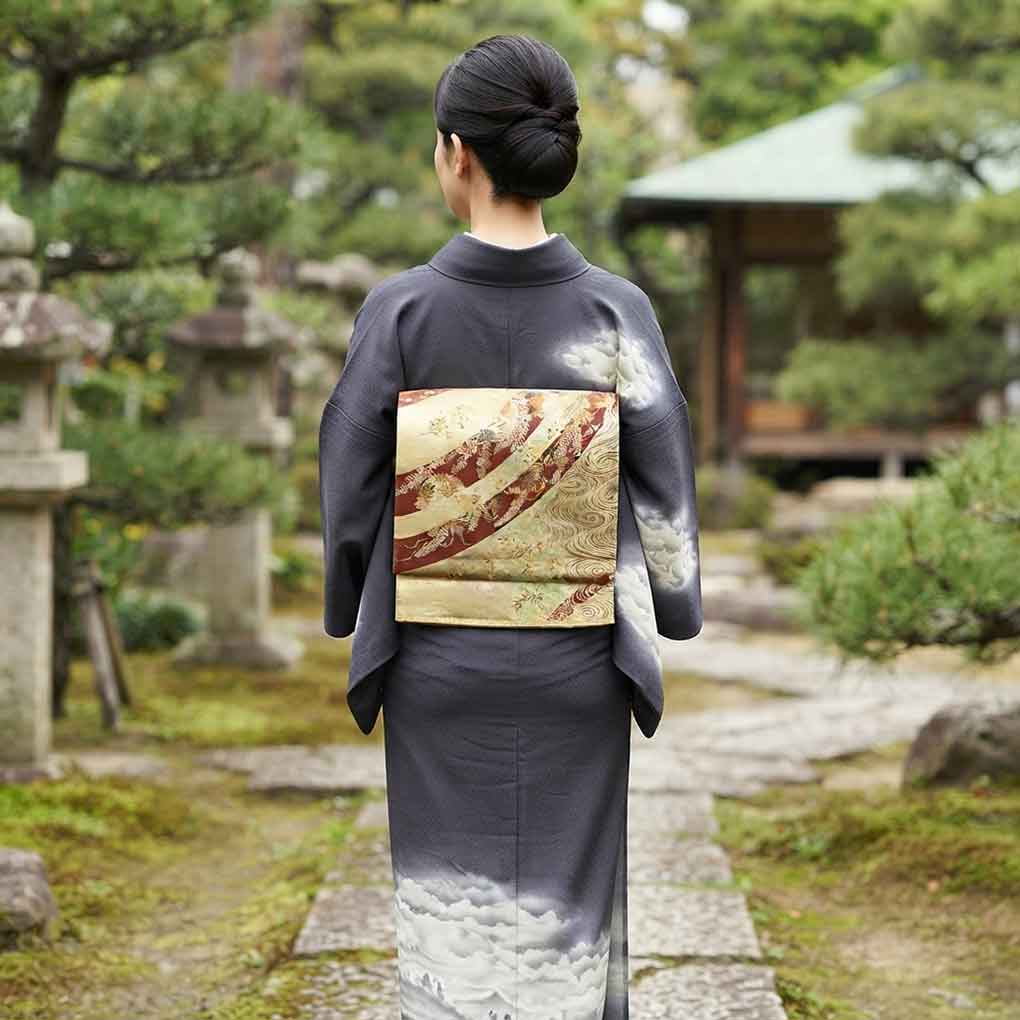 袋帯 リサイクル帯 幅30cm 長さ424cm レディース 花柄 秋冬春用 正絹（シルク）ゴールド 美品 リメイク リユース【ランクA】