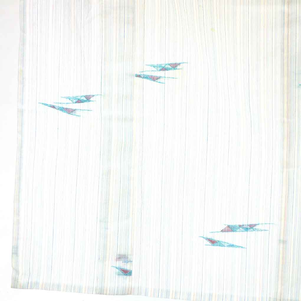 小紋 リサイクル着物 身丈150cm 裄62cm 前幅24cm 後幅29cm 袖丈47cm 袖幅32cm レディース 抽象柄 裄Sサイズ 夏用 ポリエステル ブルー 美品 リメイク リユース【ランクA】