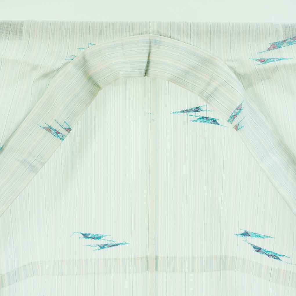 小紋 リサイクル着物 身丈150cm 裄62cm 前幅24cm 後幅29cm 袖丈47cm 袖幅32cm レディース 抽象柄 裄Sサイズ 夏用 ポリエステル ブルー 美品 リメイク リユース【ランクA】