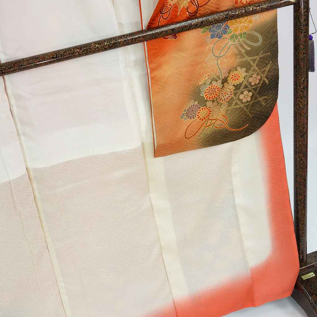 振袖 リサイクル着物 身丈167cm 裄66cm 前幅23cm 後幅30cm 袖丈109cm 袖幅34cm レディース 袷 花車 裄長 裄M-Lサイズ 秋冬春用 正絹（シルク）オレンジ トールサイズ 美品 リメイク リユース【ランクA】
