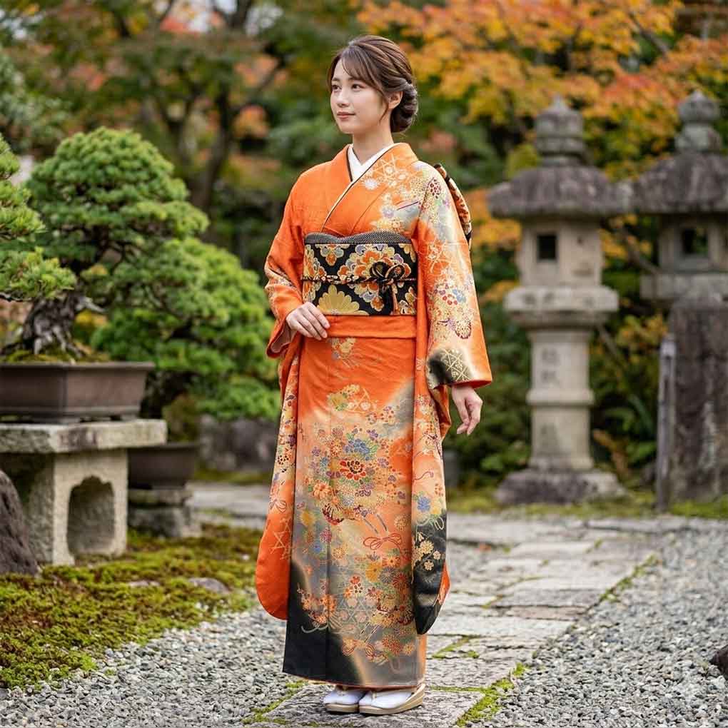 振袖 リサイクル着物 身丈167cm 裄66cm 前幅23cm 後幅30cm 袖丈109cm 袖幅34cm レディース 袷 花車 裄長 裄M-Lサイズ 秋冬春用 正絹（シルク）オレンジ トールサイズ 美品 リメイク リユース【ランクA】