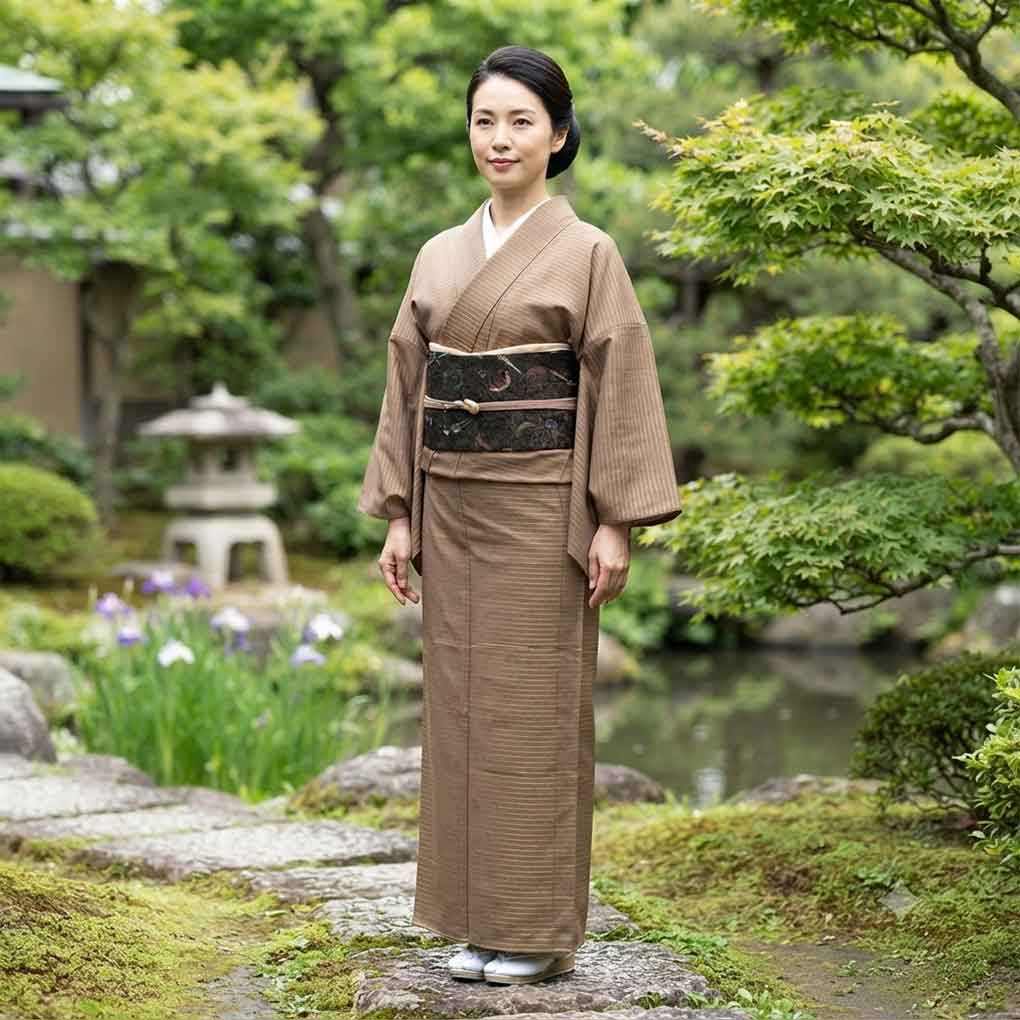 紬 リサイクル着物 身丈154cm 裄63cm 前幅25cm 後幅30.5cm 袖丈45cm 袖幅32.5cm レディース 袷 横段柄 裄Mサイズ 秋冬春用 正絹(シルク)ブラウン 未使用品 リメイク リユース【ランクS】
