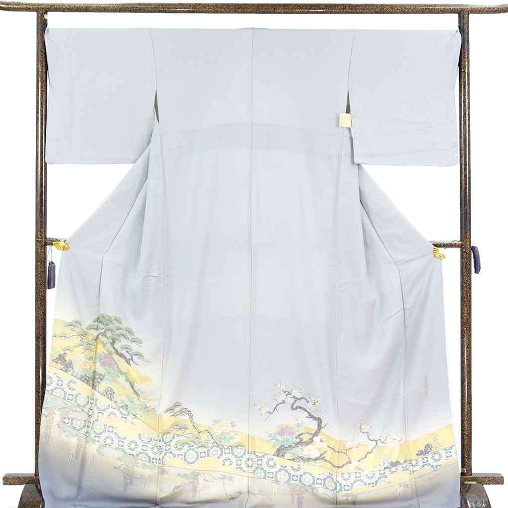 色留袖 リサイクル着物 身丈173cm 裄70.5cm 前幅26.5cm 後幅31cm 袖丈49cm 袖幅35cm レディース 袷 縫取り 裄長 裄L-LLサイズ 秋冬春用 正絹（シルク）ブルー トールサイズ 美品 リメイク リユース【ランクA】