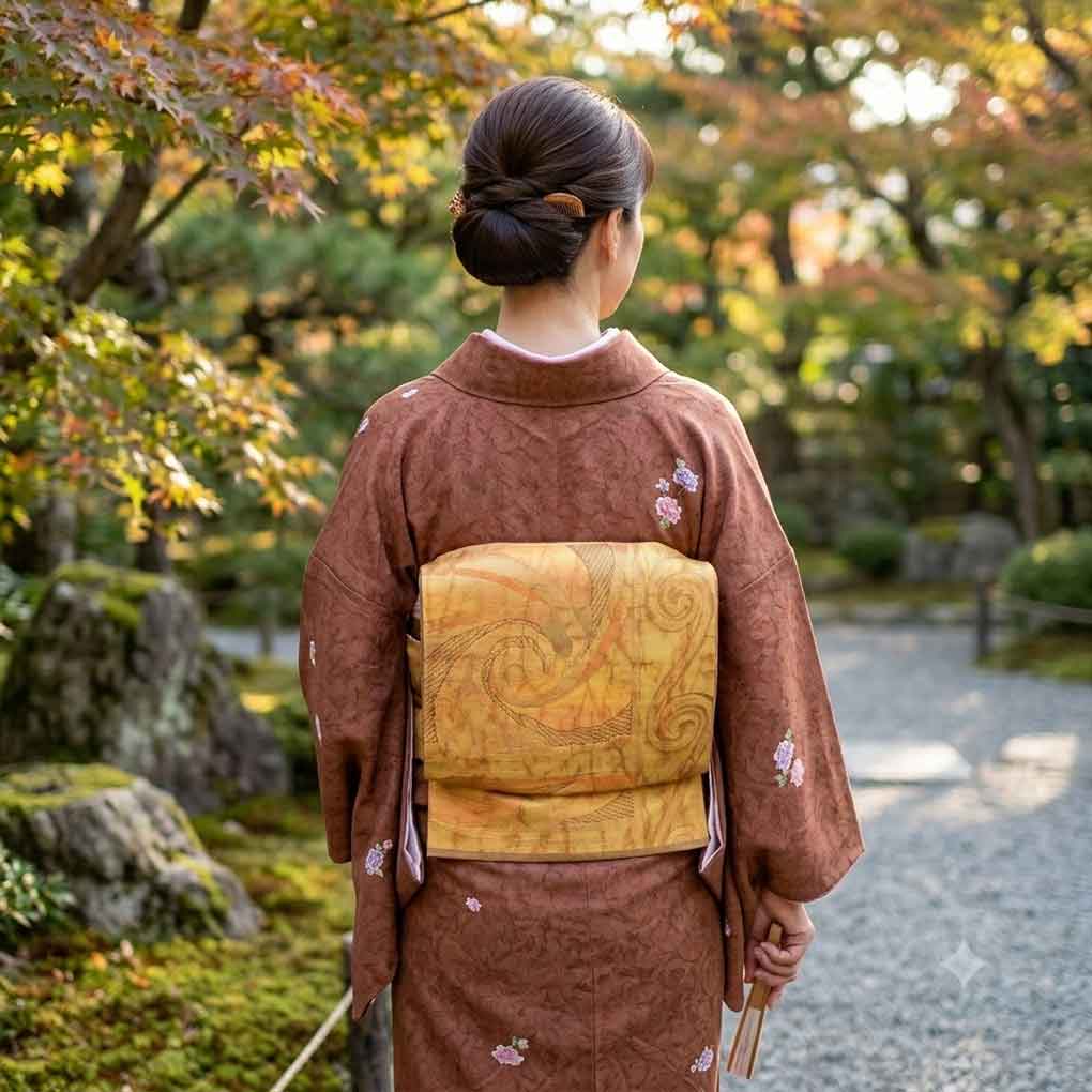 名古屋帯 リサイクル帯 幅30.5cm 長さ350cm レディース 渦巻 秋冬春用 正絹（シルク）ブラウン 美品 リメイク リユース【ランクA】
