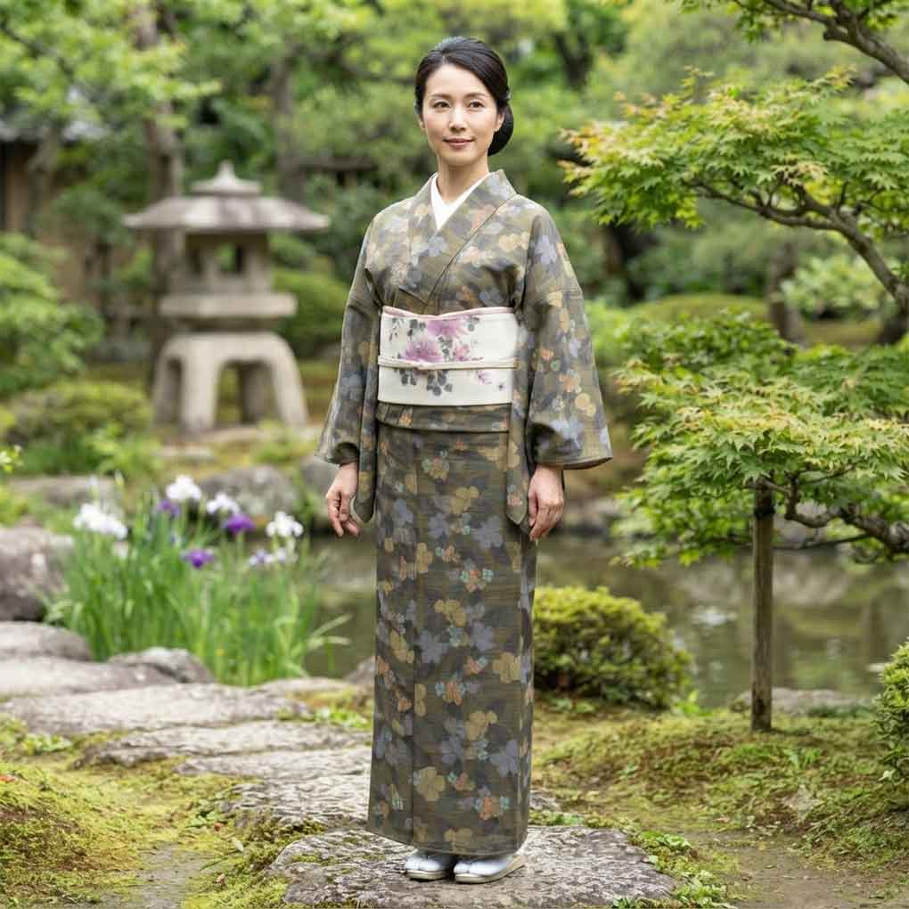 紬 リサイクル着物 身丈163cm 裄66cm 前幅27cm 後幅31.5cm 袖丈49cm 袖幅33cm レディース 袷 花柄 裄長 裄M-Lサイズ 秋冬春用 正絹（シルク）ブラウン 美品 リメイク リユース【ランクA】