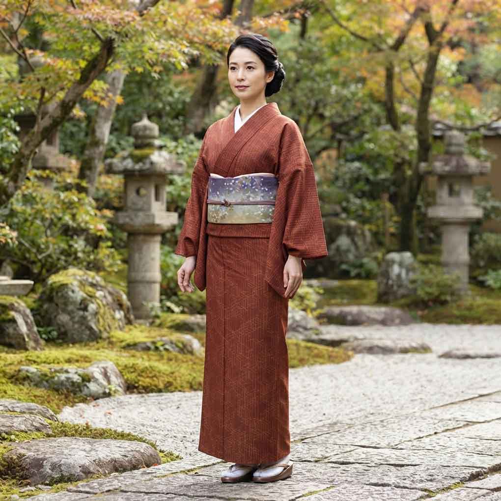 紬 リサイクル着物 身丈160cm 裄65cm 前幅25.5cm 後幅30cm 袖丈49.5cm 袖幅33cm レディース 単衣 連続模様 裄Mサイズ 初夏・初秋用 正絹(シルク)ブラウン 美品 リメイク リユース【ランクA】