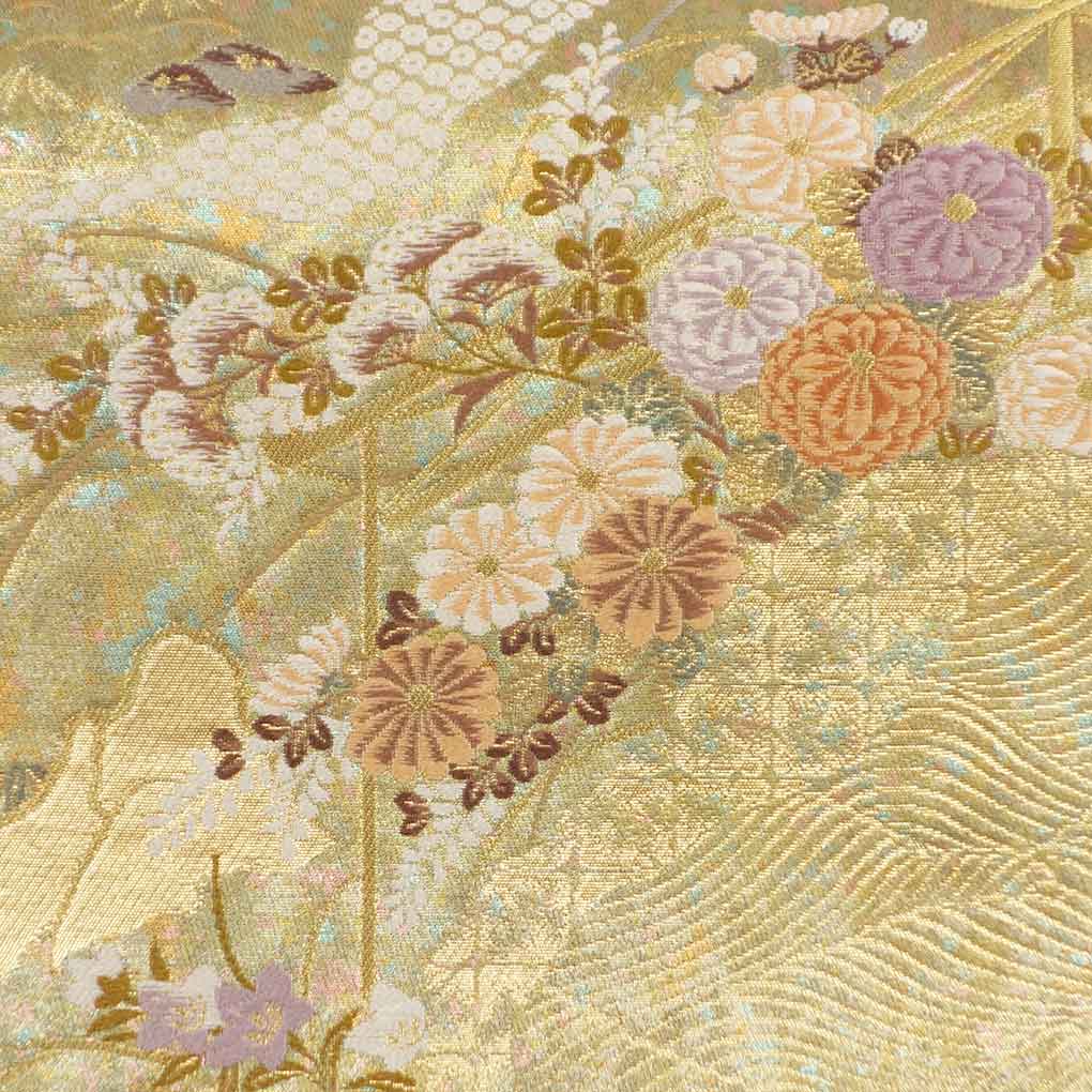 袋帯 リサイクル帯 幅31cm 長さ431cm レディース 花柄 秋冬春用 正絹（シルク）ゴールド 美品 リメイク リユース【ランクA】
