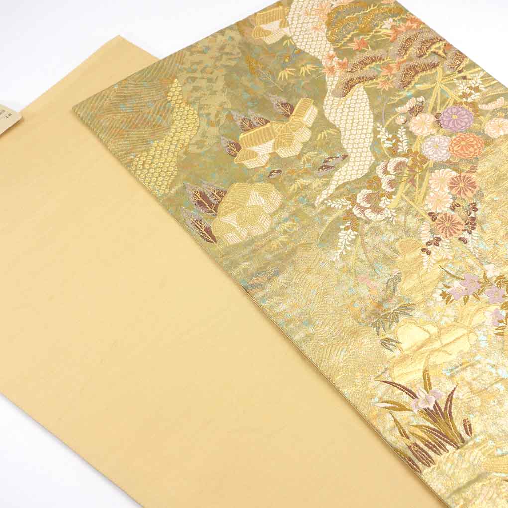 袋帯 リサイクル帯 幅31cm 長さ431cm レディース 花柄 秋冬春用 正絹（シルク）ゴールド 美品 リメイク リユース【ランクA】