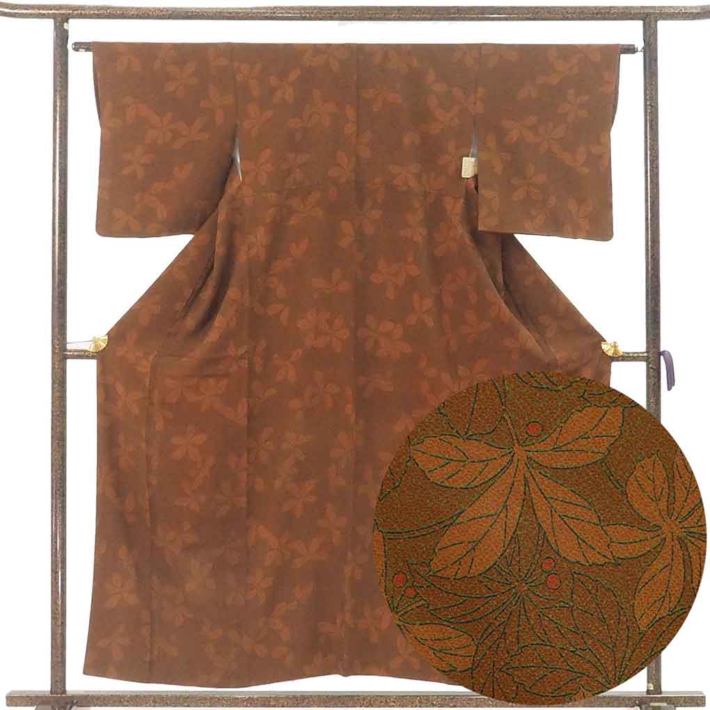 小紋 リサイクル着物 身丈157cm 裄63cm 前幅24cm 後幅28cm 袖丈49cm 袖幅32cm レディース 袷 植物 裄Mサイズ 秋冬春用 正絹（シルク）ブラウン やや難 リメイク リユース【ランクB】