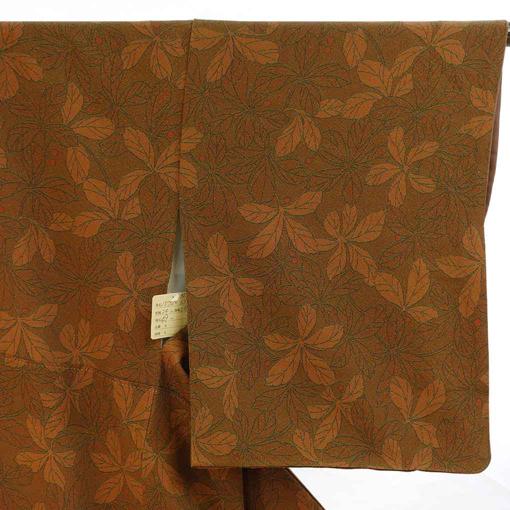 小紋 リサイクル着物 身丈157cm 裄63cm 前幅24cm 後幅28cm 袖丈49cm 袖幅32cm レディース 袷 植物 裄Mサイズ 秋冬春用 正絹（シルク）ブラウン やや難 リメイク リユース【ランクB】