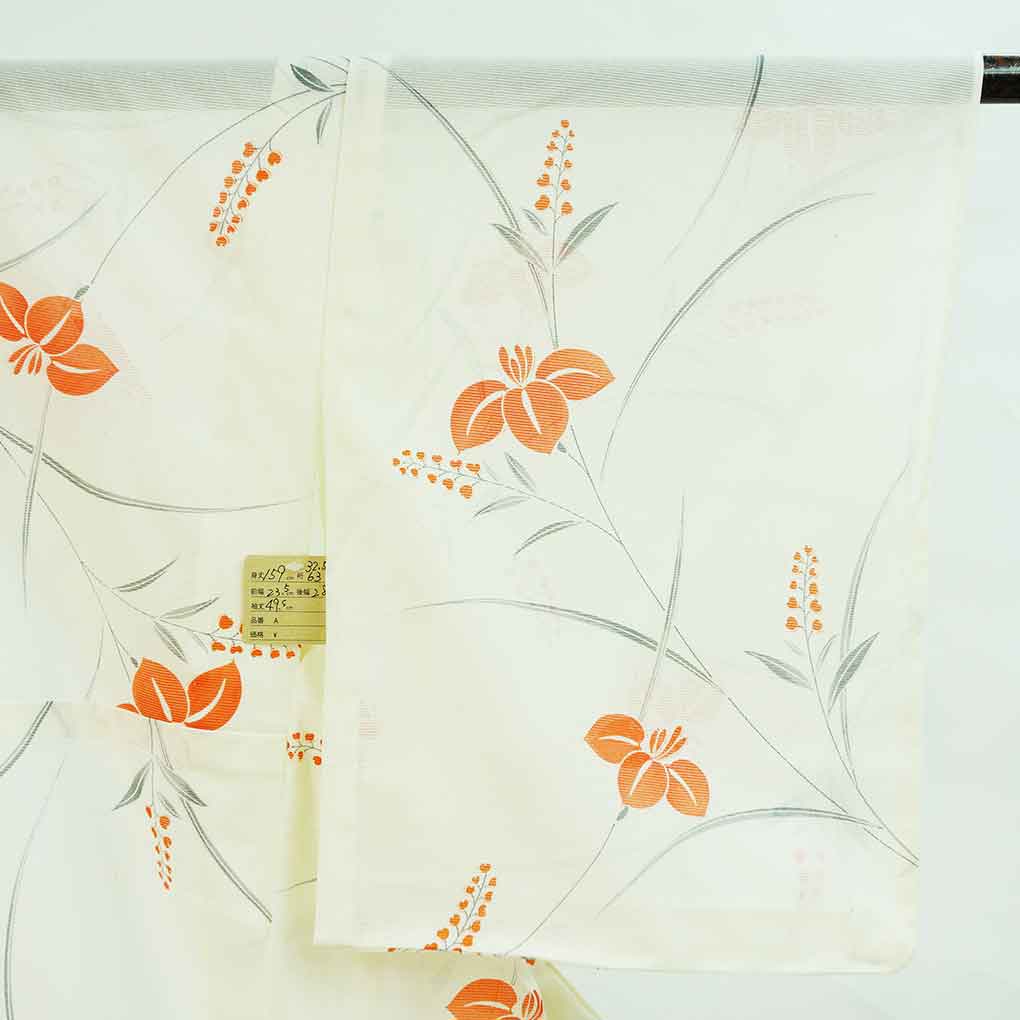 小紋 リサイクル着物 身丈159cm 裄63cm 前幅23.5cm 後幅28cm 袖丈49.5cm 袖幅32.5cm レディース 菖蒲 裄Mサイズ 夏用 ポリエステル ホワイト やや難 リメイク リユース【ランクB】