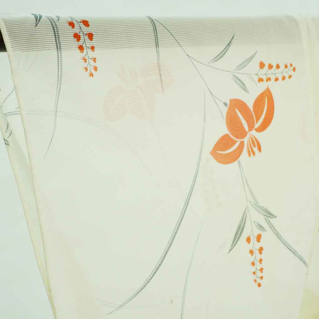 小紋 リサイクル着物 身丈159cm 裄63cm 前幅23.5cm 後幅28cm 袖丈49.5cm 袖幅32.5cm レディース 菖蒲 裄Mサイズ 夏用 ポリエステル ホワイト やや難 リメイク リユース【ランクB】