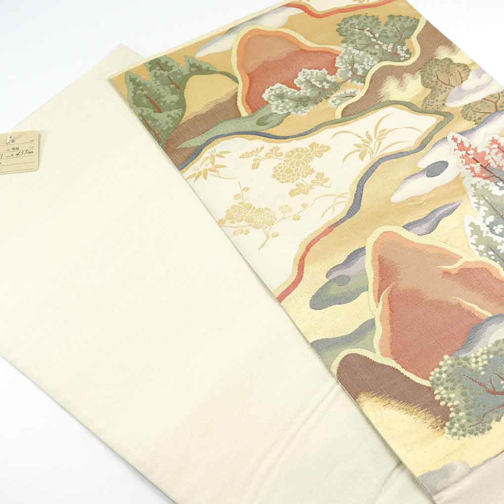 袋帯 リサイクル帯 幅31cm 長さ435cm レディース 遠山 秋冬春用 正絹(シルク)ゴールド 美品 リメイク リユース【ランクA】