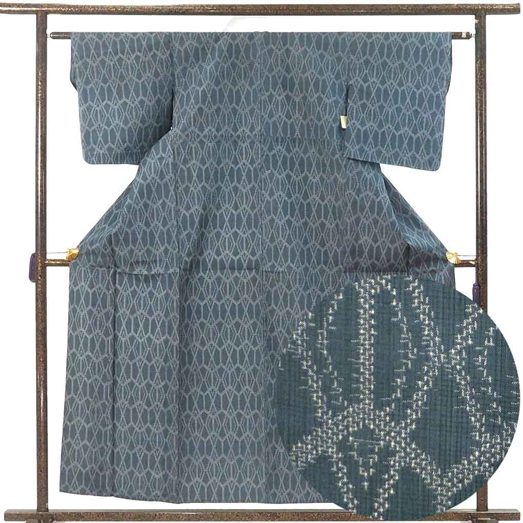 紬 リサイクル着物 身丈159cm 裄61cm 前幅23cm 後幅30cm 袖丈47cm 袖幅31cm レディース 単衣 亀甲 裄Sサイズ 初夏・初秋用 正絹(シルク)グレー やや難 リメイク リユース【ランクB】