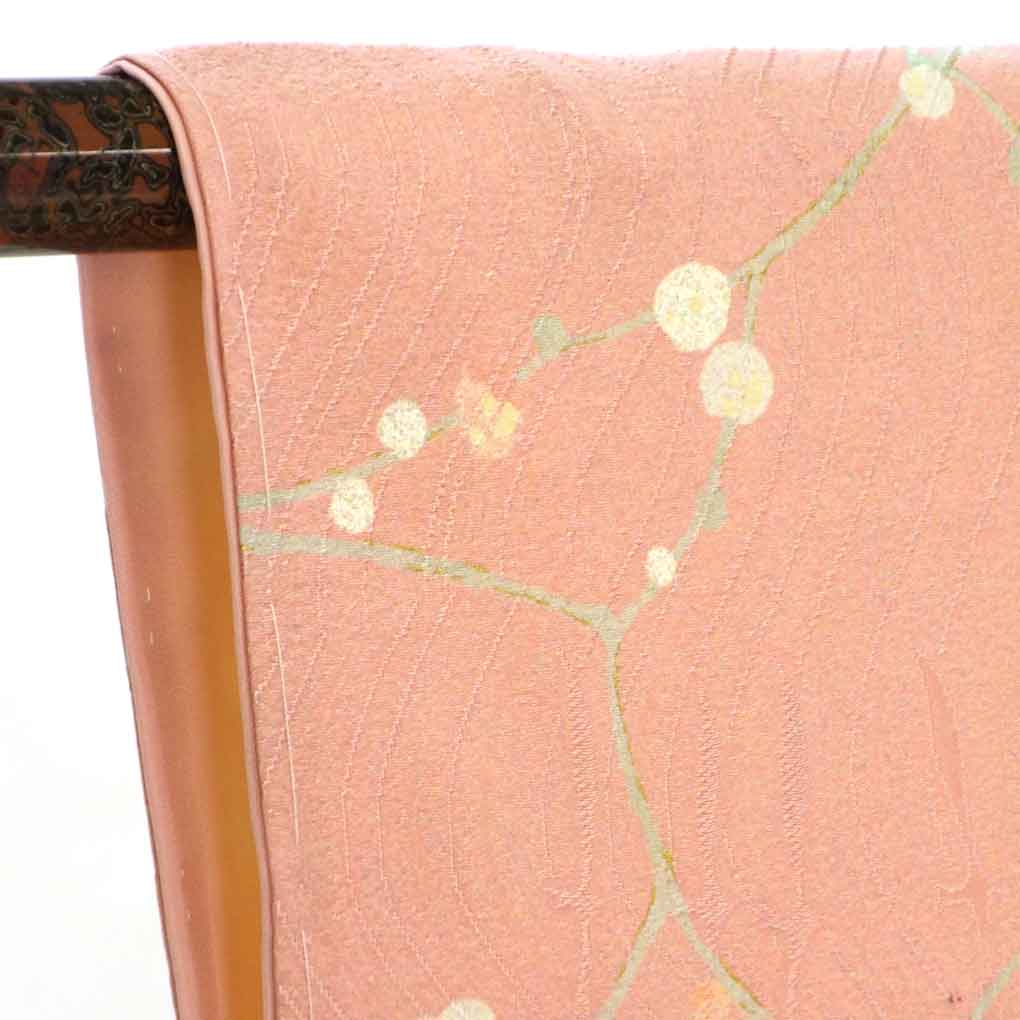 小紋 リサイクル着物 身丈159cm 裄64cm 前幅25cm 後幅28cm 袖丈53cm 袖幅32cm レディース 袷 梅柄 裄Mサイズ 秋冬春用 正絹(シルク)ピンク やや難 リメイク リユース【ランクB】