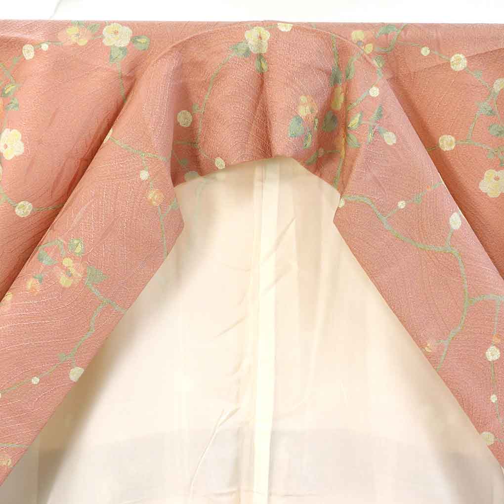 小紋 リサイクル着物 身丈159cm 裄64cm 前幅25cm 後幅28cm 袖丈53cm 袖幅32cm レディース 袷 梅柄 裄Mサイズ 秋冬春用 正絹(シルク)ピンク やや難 リメイク リユース【ランクB】